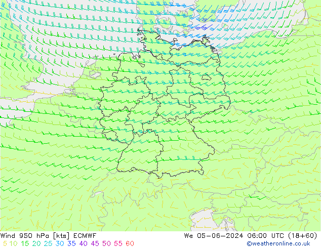 Wind 950 hPa ECMWF wo 05.06.2024 06 UTC