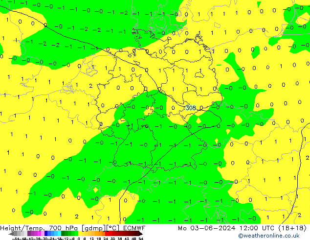 Height/Temp. 700 hPa ECMWF Mo 03.06.2024 12 UTC