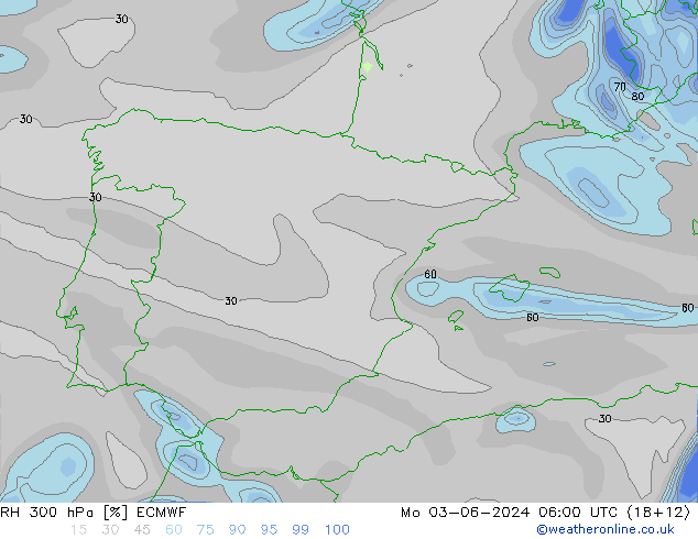 Humedad rel. 300hPa ECMWF lun 03.06.2024 06 UTC