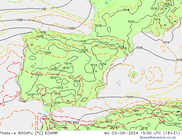 Theta-e 850hPa ECMWF Mo 03.06.2024 15 UTC