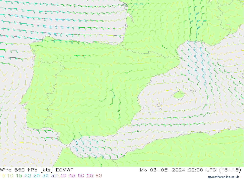 Wind 850 hPa ECMWF Mo 03.06.2024 09 UTC