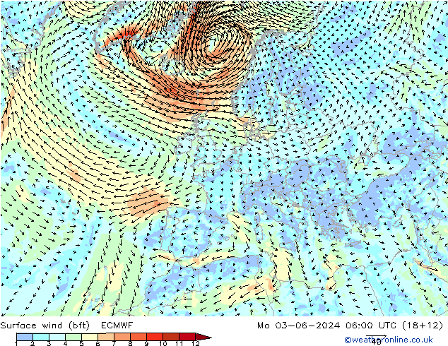 Bodenwind (bft) ECMWF Mo 03.06.2024 06 UTC