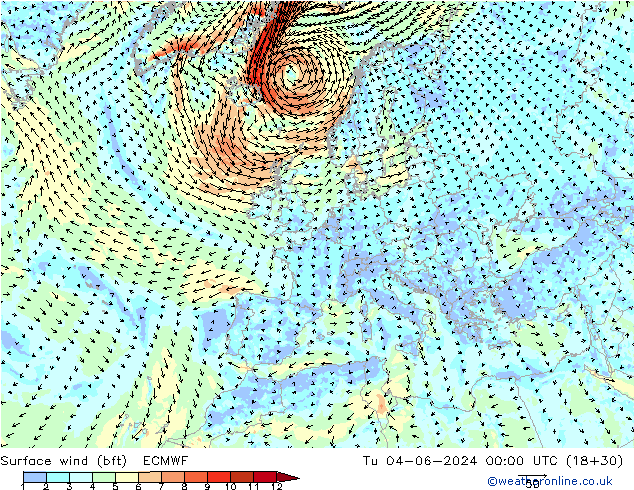 Wind 10 m (bft) ECMWF di 04.06.2024 00 UTC