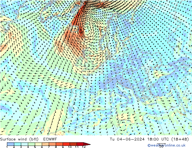 Surface wind (bft) ECMWF Út 04.06.2024 18 UTC