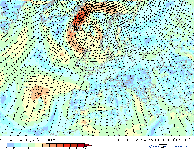 Rüzgar 10 m (bft) ECMWF Per 06.06.2024 12 UTC