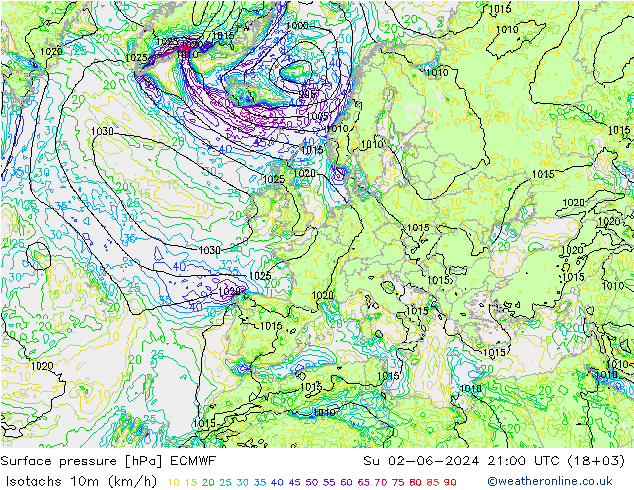 Isotachen (km/h) ECMWF So 02.06.2024 21 UTC