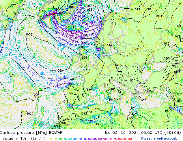 10米等风速线 (kph) ECMWF 星期一 03.06.2024 00 UTC