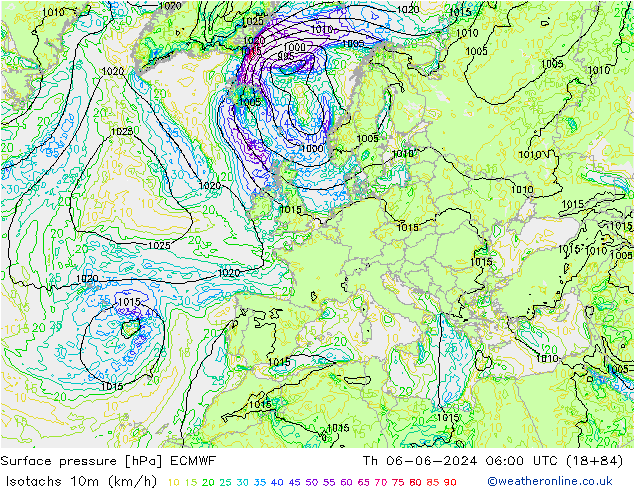 Isotachs (kph) ECMWF jeu 06.06.2024 06 UTC