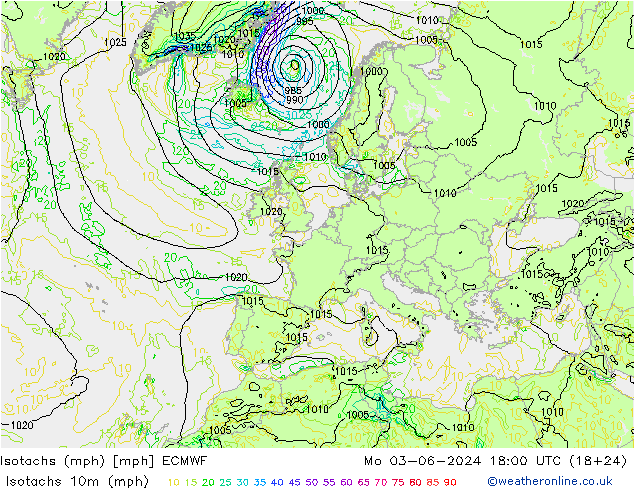 Isotachs (mph) ECMWF 星期一 03.06.2024 18 UTC
