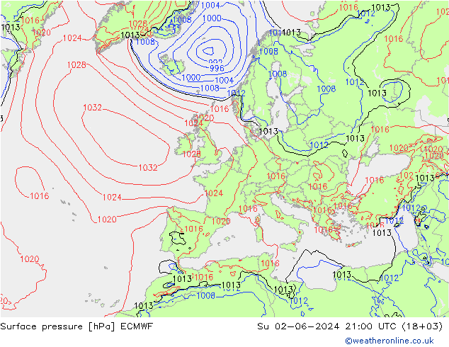 приземное давление ECMWF Вс 02.06.2024 21 UTC