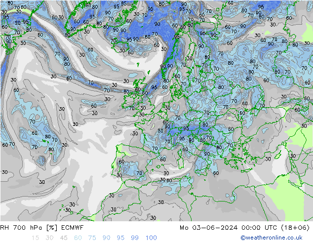 Humidité rel. 700 hPa ECMWF lun 03.06.2024 00 UTC