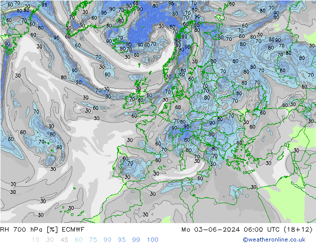 RH 700 hPa ECMWF Seg 03.06.2024 06 UTC