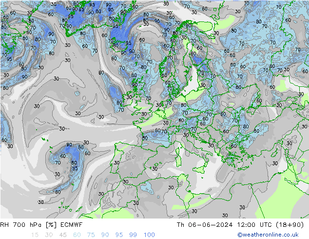 RH 700 hPa ECMWF Th 06.06.2024 12 UTC