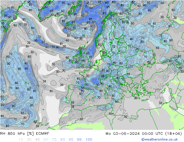 RH 850 hPa ECMWF pon. 03.06.2024 00 UTC