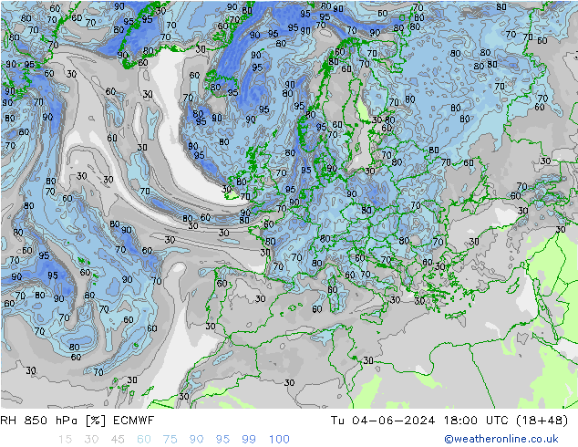 Humidité rel. 850 hPa ECMWF mar 04.06.2024 18 UTC
