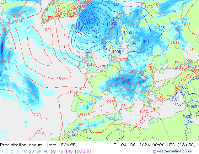 Totale neerslag ECMWF di 04.06.2024 00 UTC