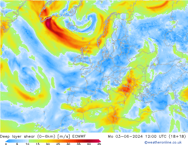 Deep layer shear (0-6km) ECMWF Po 03.06.2024 12 UTC