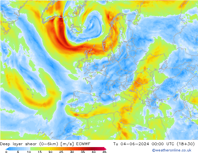 Deep layer shear (0-6km) ECMWF mar 04.06.2024 00 UTC