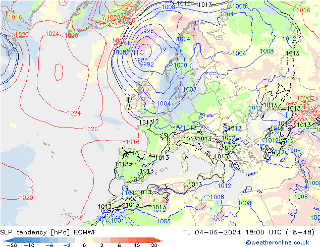 SLP tendency ECMWF Út 04.06.2024 18 UTC