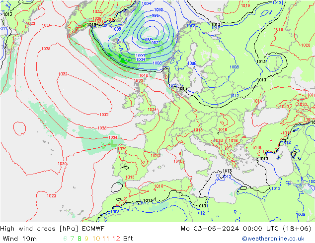 High wind areas ECMWF 星期一 03.06.2024 00 UTC