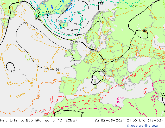 Geop./Temp. 850 hPa ECMWF dom 02.06.2024 21 UTC