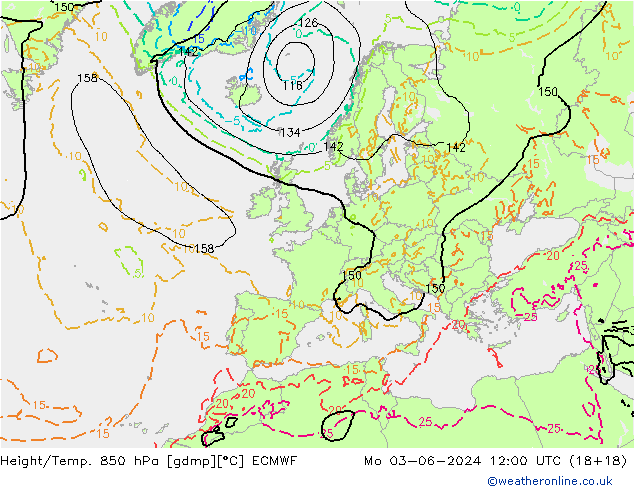 Height/Temp. 850 hPa ECMWF Po 03.06.2024 12 UTC