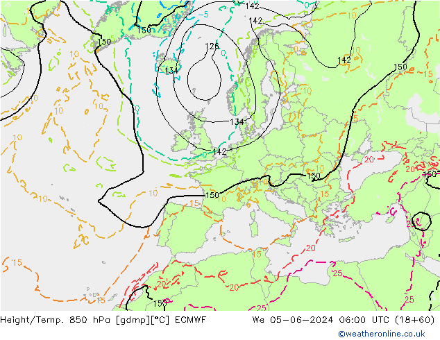 Geop./Temp. 850 hPa ECMWF mié 05.06.2024 06 UTC