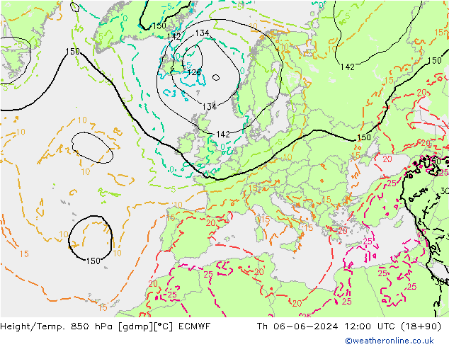 Geop./Temp. 850 hPa ECMWF jue 06.06.2024 12 UTC