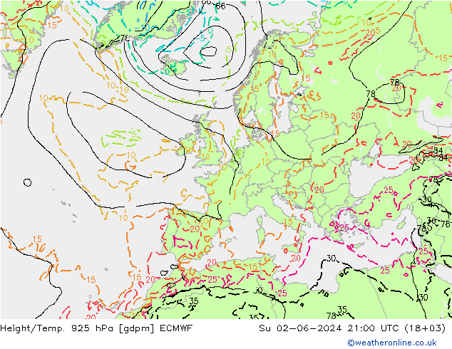 Height/Temp. 925 hPa ECMWF So 02.06.2024 21 UTC