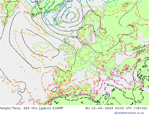 Yükseklik/Sıc. 925 hPa ECMWF Pzt 03.06.2024 00 UTC