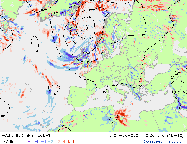 T-Adv. 850 hPa ECMWF Sa 04.06.2024 12 UTC