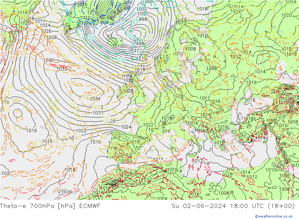 Theta-e 700hPa ECMWF dim 02.06.2024 18 UTC