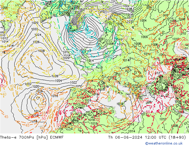 Theta-e 700hPa ECMWF gio 06.06.2024 12 UTC