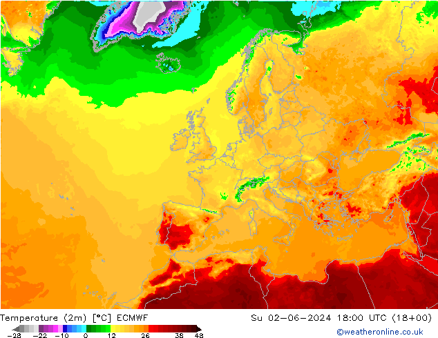 mapa temperatury (2m) ECMWF nie. 02.06.2024 18 UTC