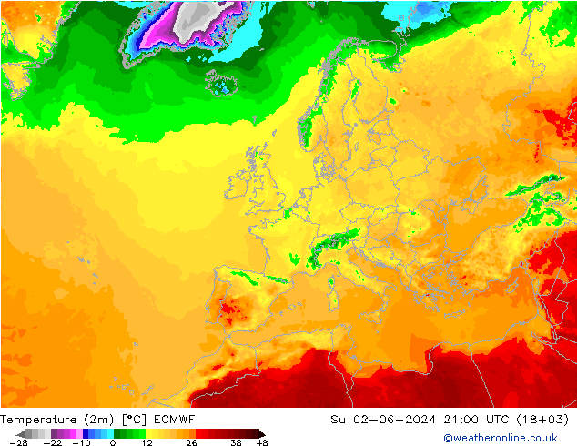 Temperature (2m) ECMWF Su 02.06.2024 21 UTC