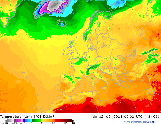 Temperatura (2m) ECMWF Seg 03.06.2024 00 UTC