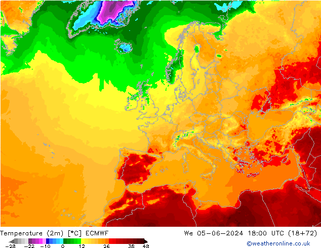 Temperature (2m) ECMWF We 05.06.2024 18 UTC