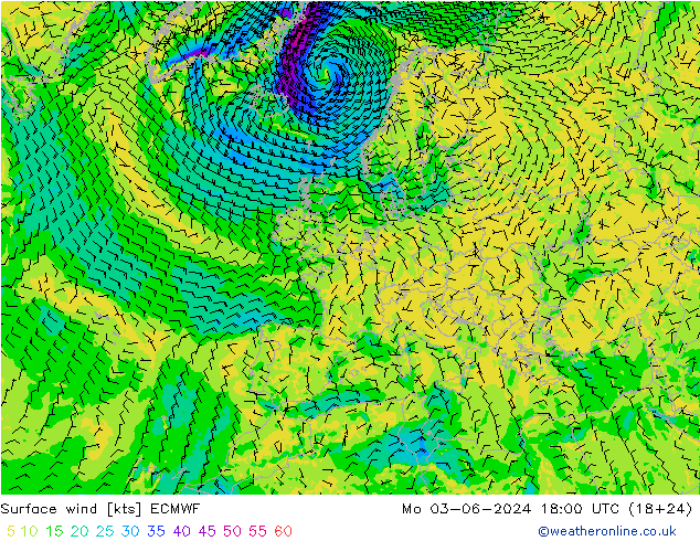 Bodenwind ECMWF Mo 03.06.2024 18 UTC