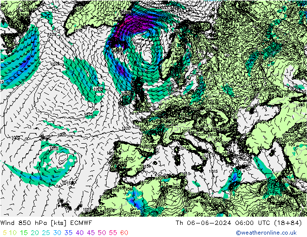 Rüzgar 850 hPa ECMWF Per 06.06.2024 06 UTC