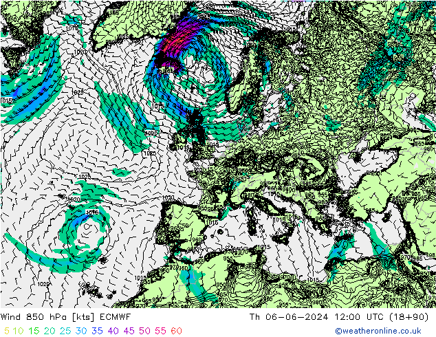 Wind 850 hPa ECMWF Th 06.06.2024 12 UTC