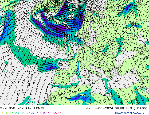 Vento 950 hPa ECMWF Seg 03.06.2024 00 UTC