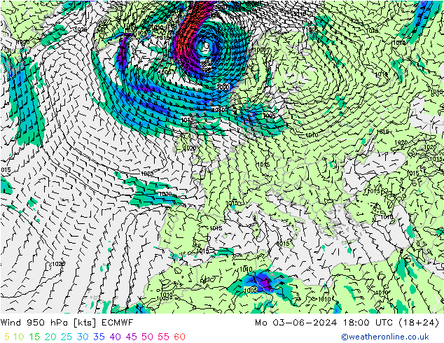 wiatr 950 hPa ECMWF pon. 03.06.2024 18 UTC