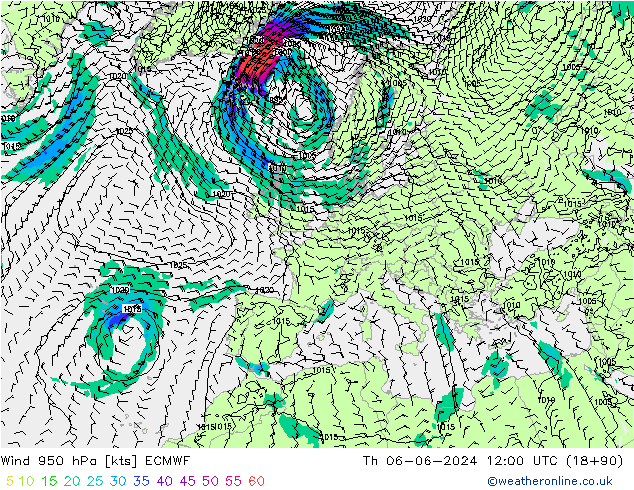 风 950 hPa ECMWF 星期四 06.06.2024 12 UTC