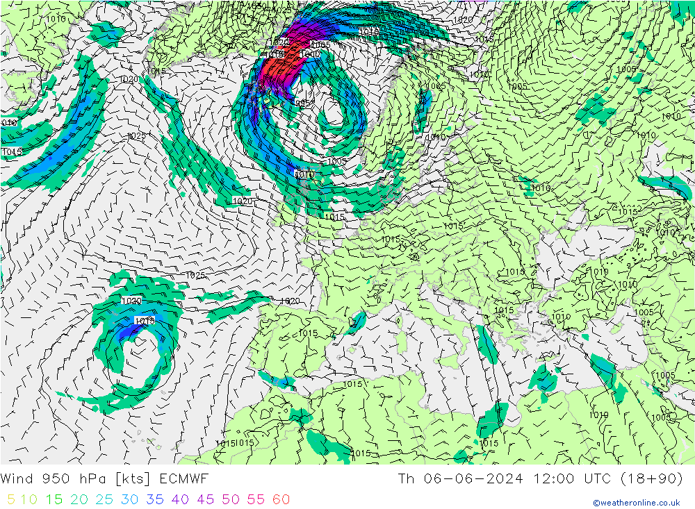 Rüzgar 950 hPa ECMWF Per 06.06.2024 12 UTC