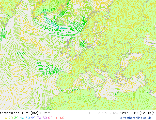 Stroomlijn 10m ECMWF zo 02.06.2024 18 UTC