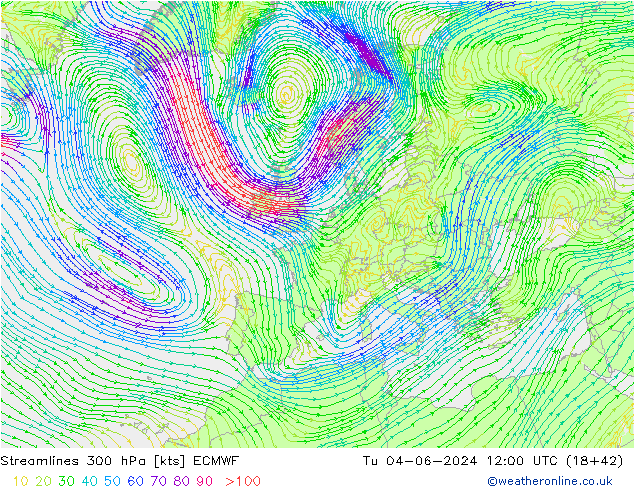 Linea di flusso 300 hPa ECMWF mar 04.06.2024 12 UTC