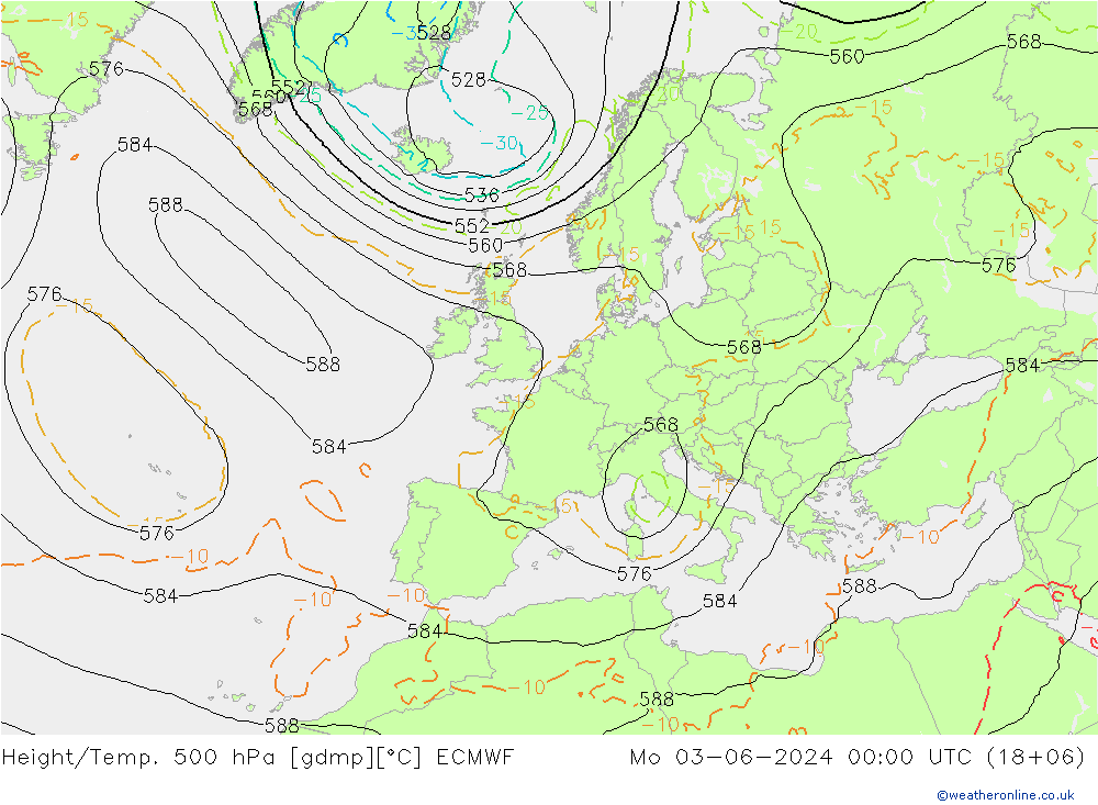 Z500/Rain (+SLP)/Z850 ECMWF pon. 03.06.2024 00 UTC
