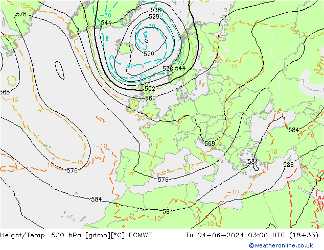 Hoogte/Temp. 500 hPa ECMWF di 04.06.2024 03 UTC