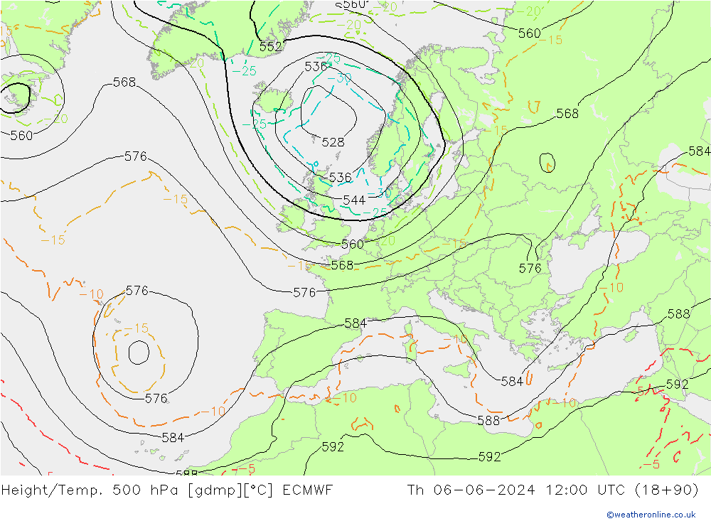 Height/Temp. 500 hPa ECMWF Čt 06.06.2024 12 UTC