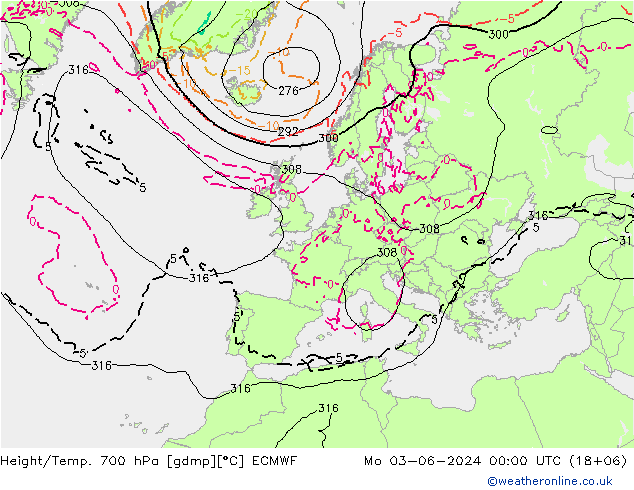 Height/Temp. 700 hPa ECMWF Mo 03.06.2024 00 UTC